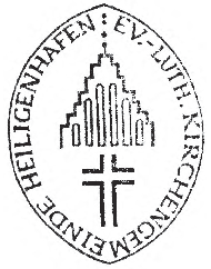 Kirchensiegel der Ev.-Luth. Kirchengemeinde Heiligenhafen. Das Siegelbild zeigt den stilisierten Stufengiebel des Kirchturms der Stadtkirche von Heiligenhafen über einem lateinischen Kreuz.